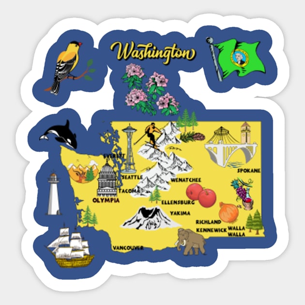 Hand Drawn Illustration of Washington State Map with Tourist Destinations, USA Sticker by Mashmosh